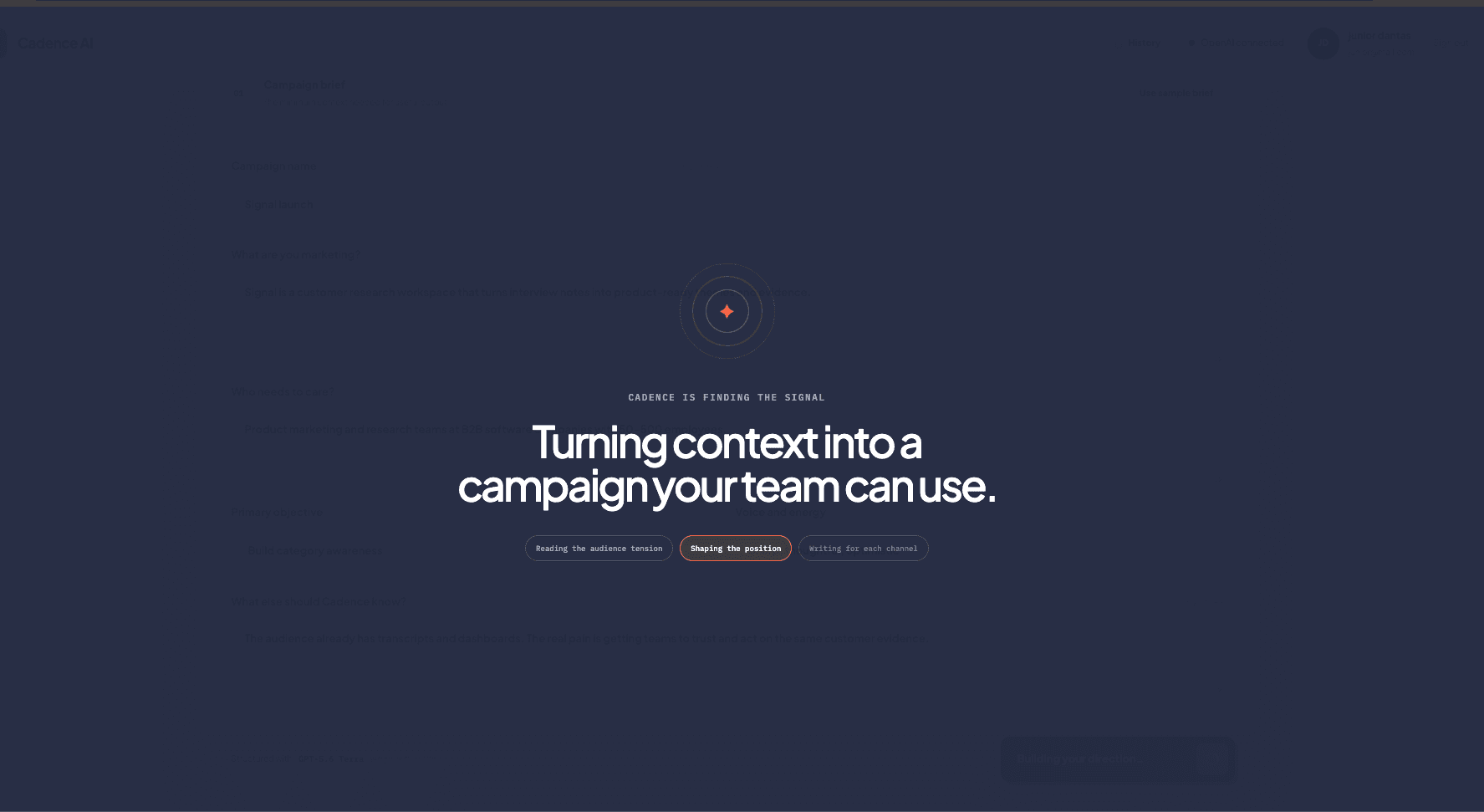 Cadence AI campaign generation in progress